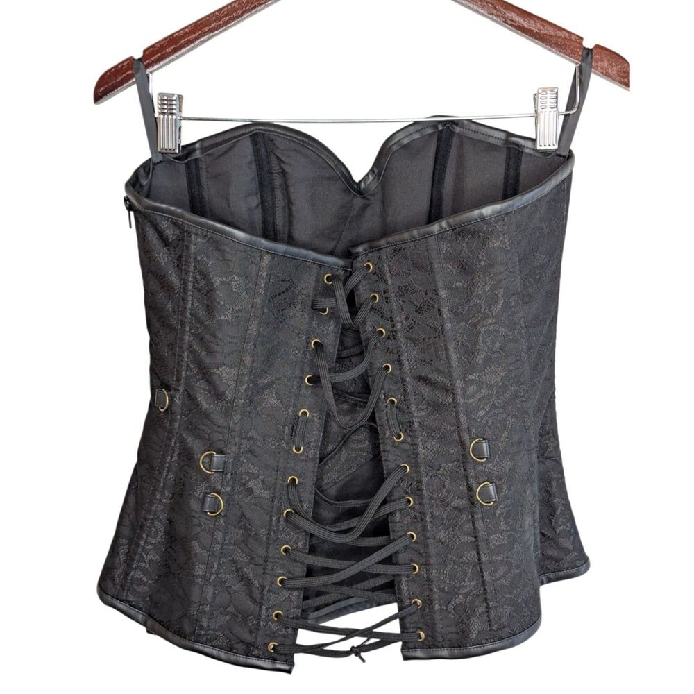 NWT Charmain Black Over Bust Gothic Steampunk Corset Sz L Lace Faux Leather Dark - Picture 2 of 9